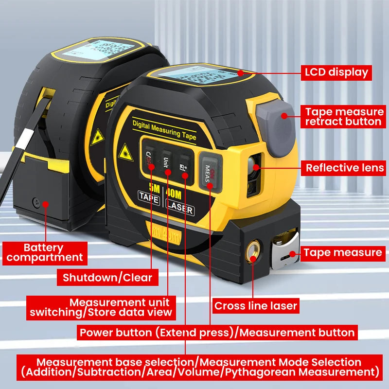 3-in-1 Laser Tape Measure | Digital Rangefinder with Steel Tape – High Accuracy Tool for Pros